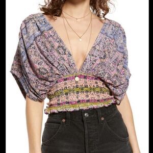 Free People Smocked Elastic V neck Blouse in Peach Combo XS